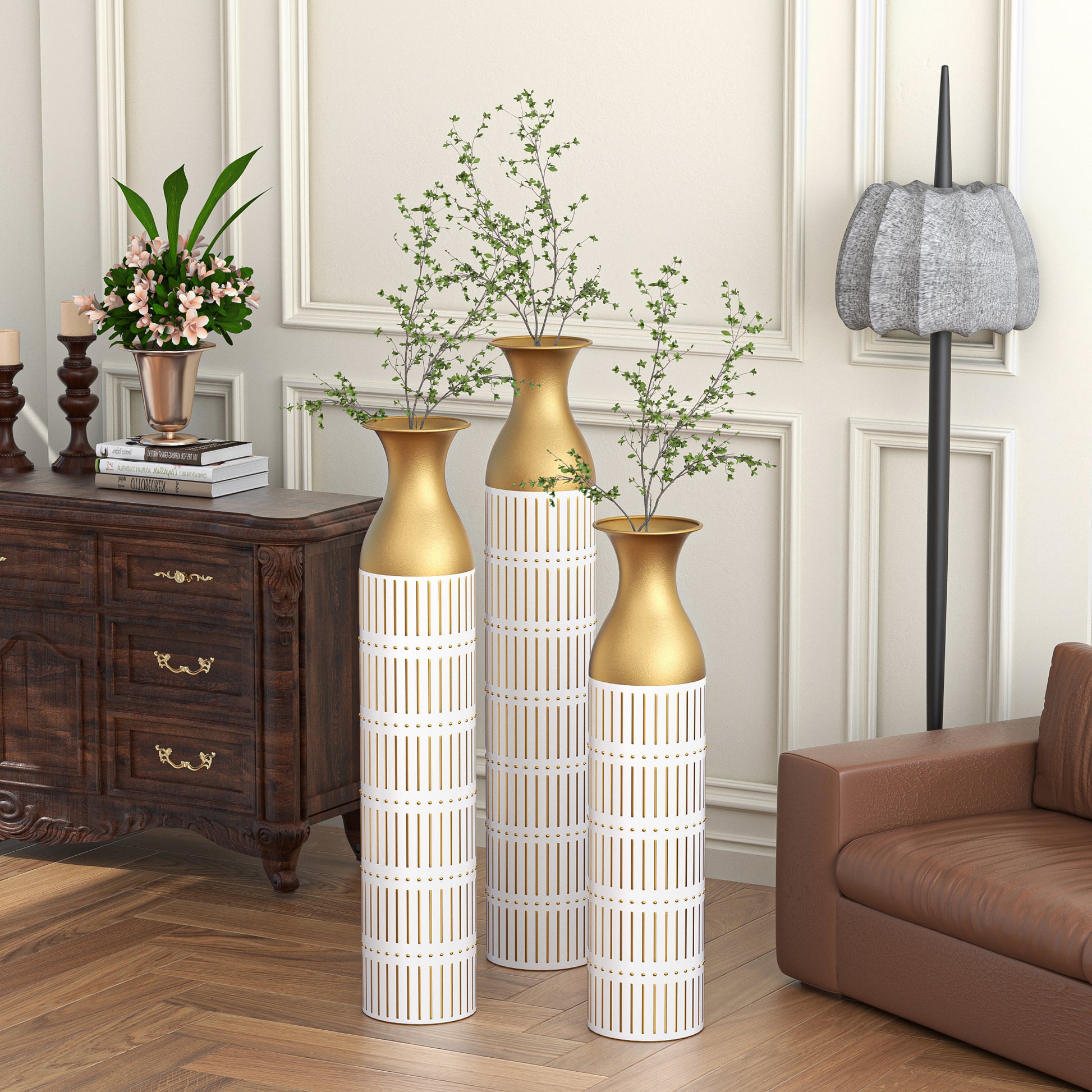 Floor Metal Vases Decorated White Metal Vases Set Of 3 Gorgeous Home Decoration Large Glazed Metal Vases 24In 28.7In 33.5In Height White Pu Metal