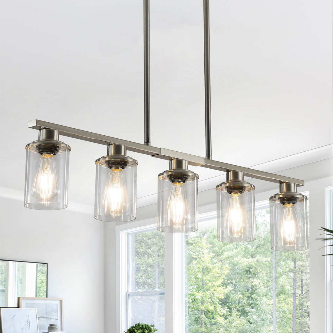 Brushed Nickel 5 Light Chandelier Contemporary Kitchen Island Pendant Light With Clear Glass Shades For Dining Room, Farmhouse, Or Modern Decor No Bulbs Brushed Nickel Glass,Iron