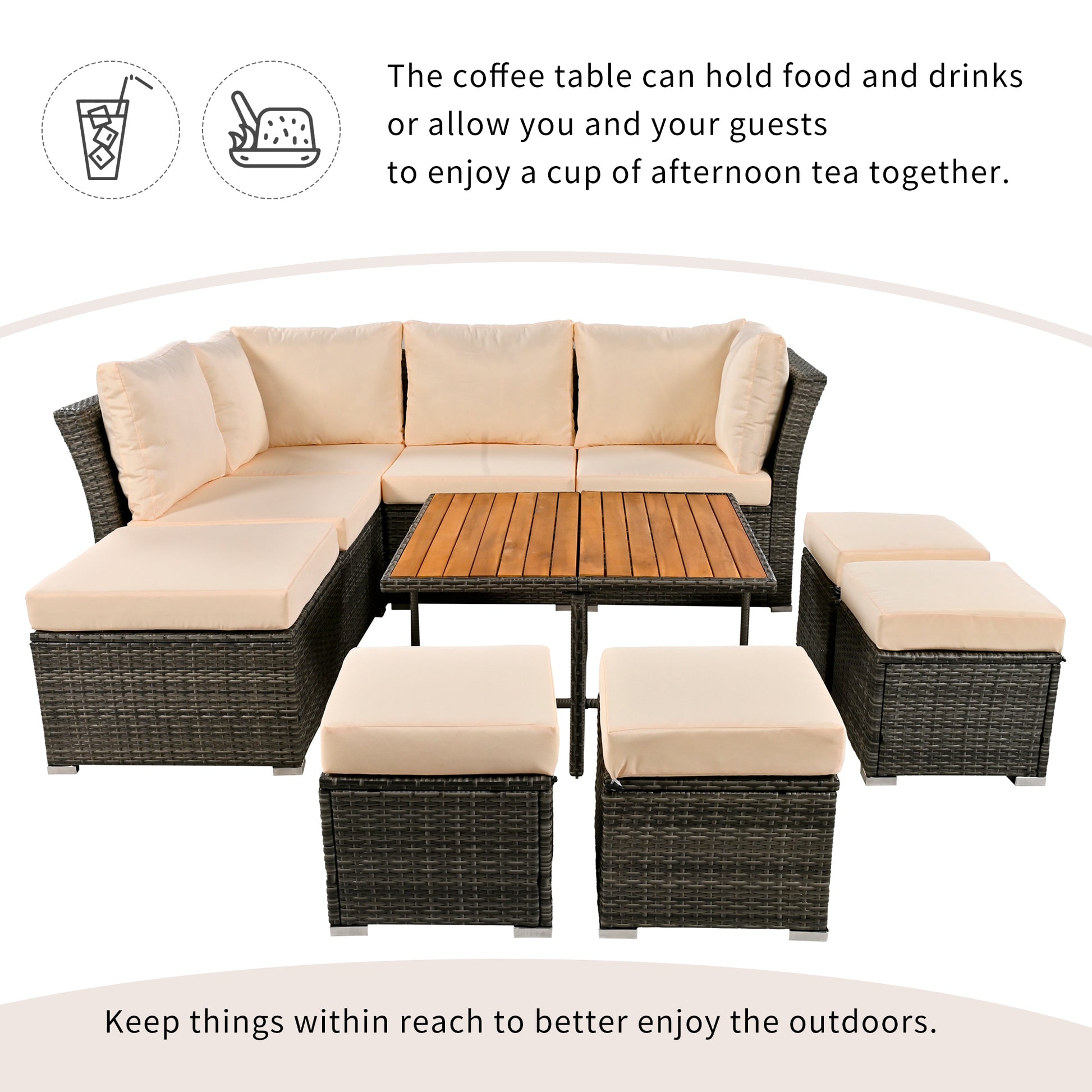 Patio Furniture Set, 10 Piece Outdoor Conversation Set, Coffeetable With Ottomans, Solid Wood Coffee Table Beige Rattan