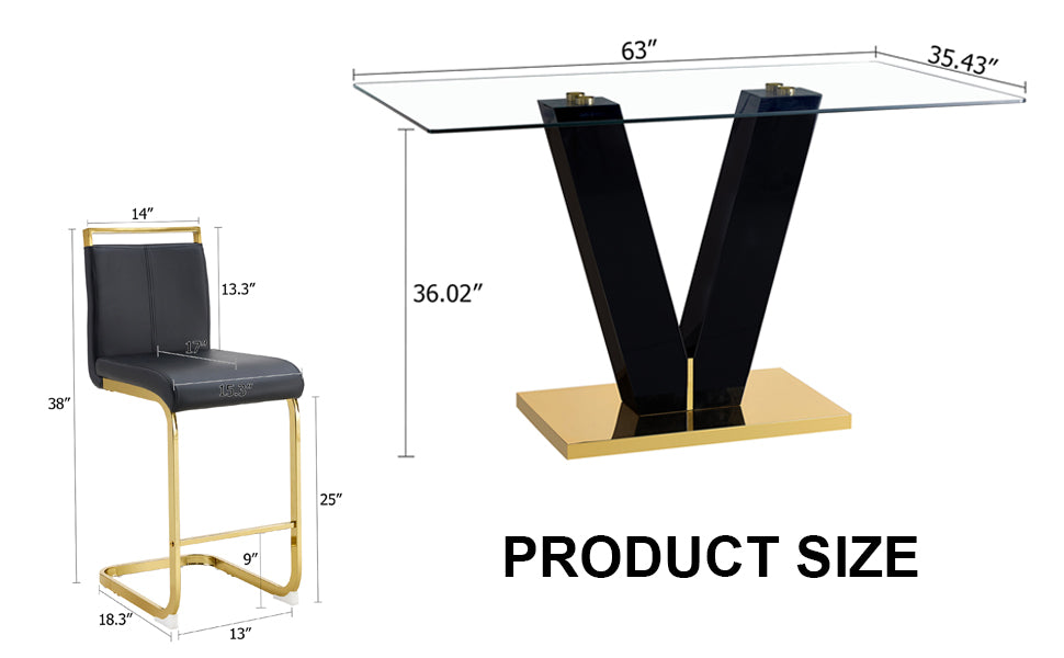 Table And Chair Set,Clear Tempered Glass And Black Legs Of The Table, Pu And Gold Legs Of The Chair Black Seats 6 Tempered Glass