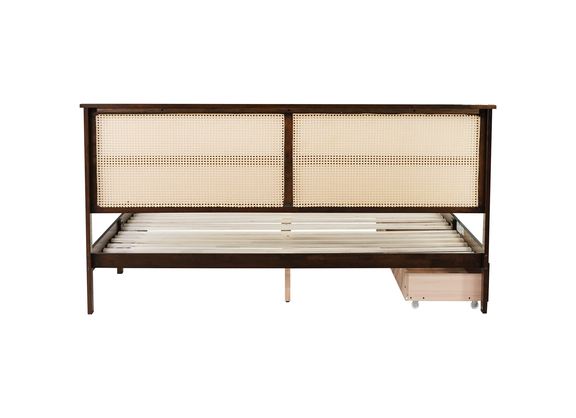 King Size Bed With Rattan Headboard, Two Storage Drawers, Rubber Wood Bed With Enhanced Support Salts And Feet,Espresso King Espresso Rubber Wood