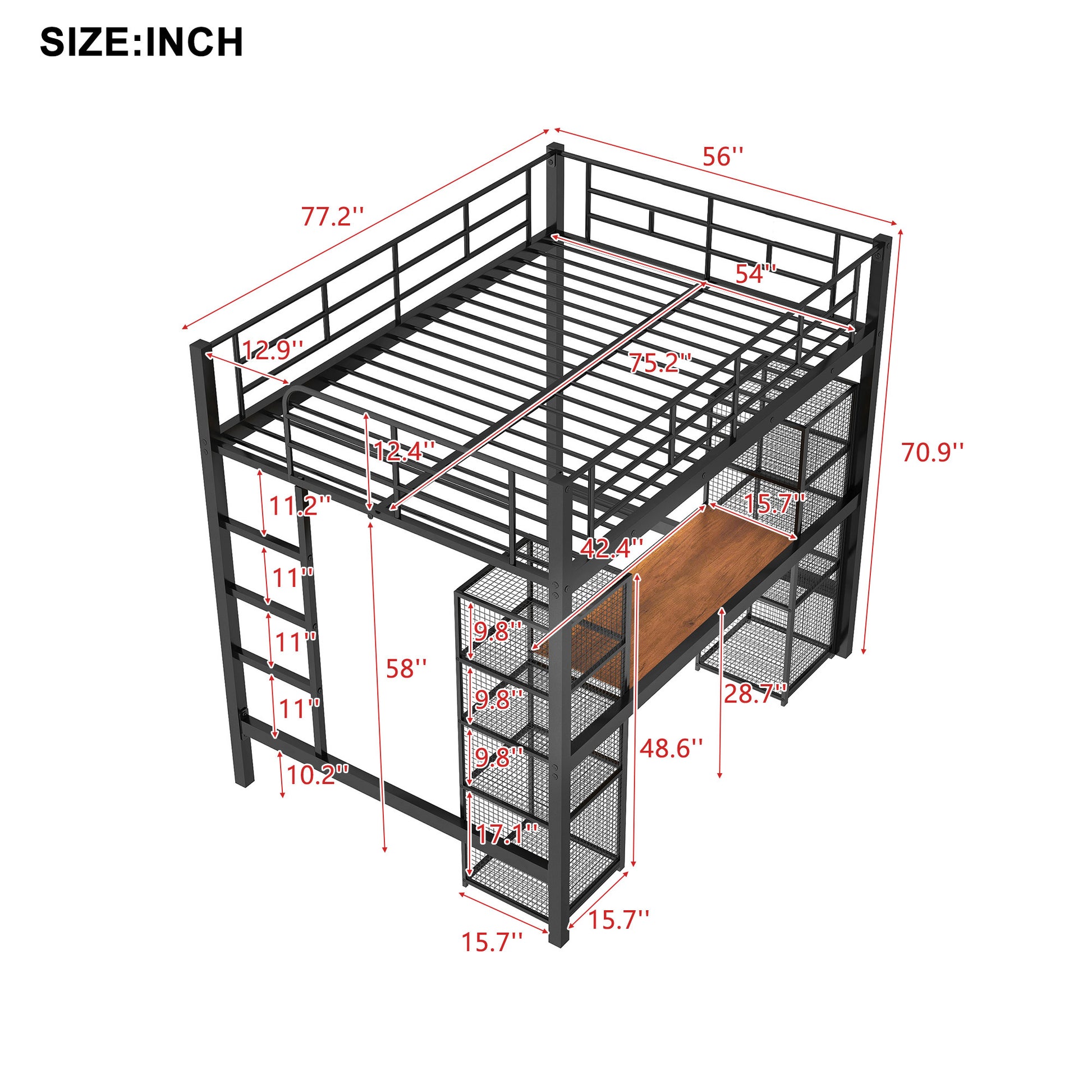 Full Size Metal Loft Bed With Built In Desk And Shelves, Black Brown Box Spring Not Required Full Black Brown Metal Bedroom Mdf Metal