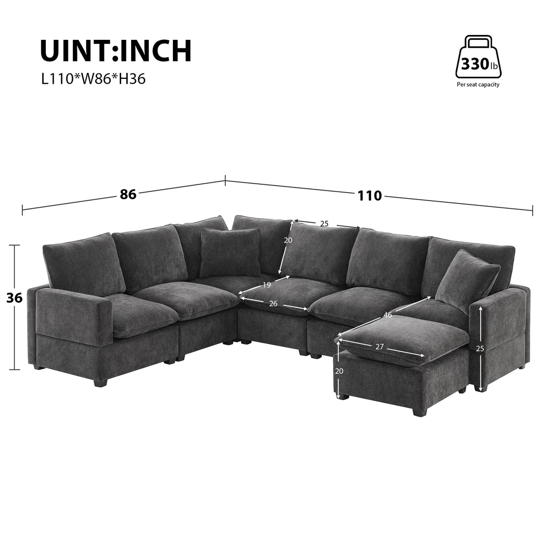 110*84" Modern U Shape Modular Sofa, 7 Seat Chenille Sectional Couch Set With 2 Pillows Included, Freely Combinable Indoor Funiture For Living Room, Apartment, Office, 2 Colors Black Grey Chenille 7 Seat