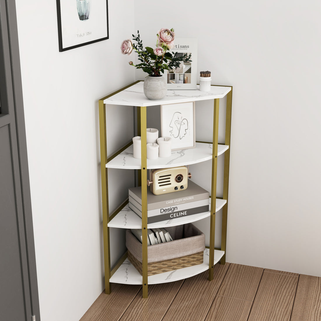 4 Tier Corner Open Shelf,Bookcase Freestanding Shelving Unit,Plant Stand Small Bookshelf For Living Room, Home Office, Kitchen, Small Space White Gold Corner Office American Design,Rustic Metal & Wood