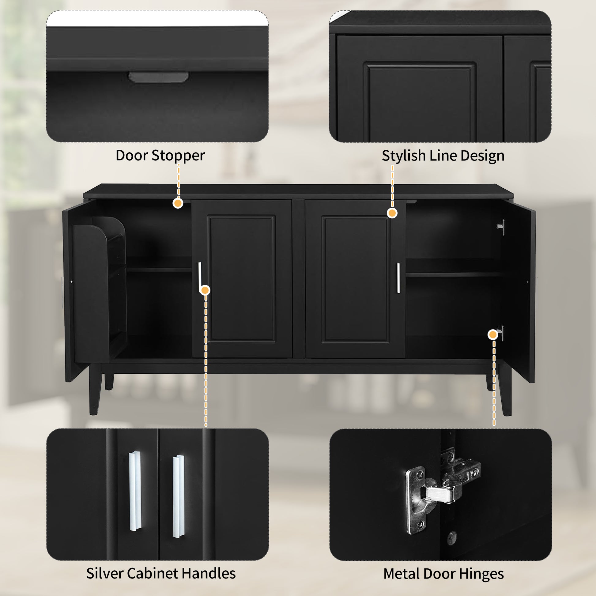 4 Door Sideboard Storage Cabinet With Door Shelf For Living Room And Dining Room, Two Large Cabinets With Adjustable Shelf, Black Black Rubberwood Solid Wood Mdf