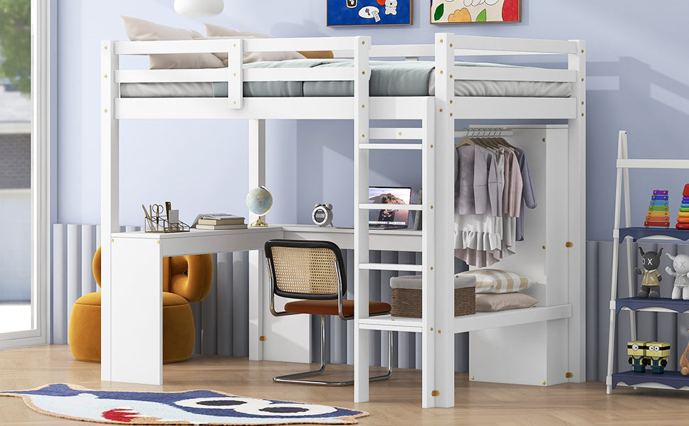 Twin Size Loft Bed With L Shaped Desk, Wardrobe And Storage Shelves, White Box Spring Not Required Twin White Wood Bedroom Solid Wood Mdf