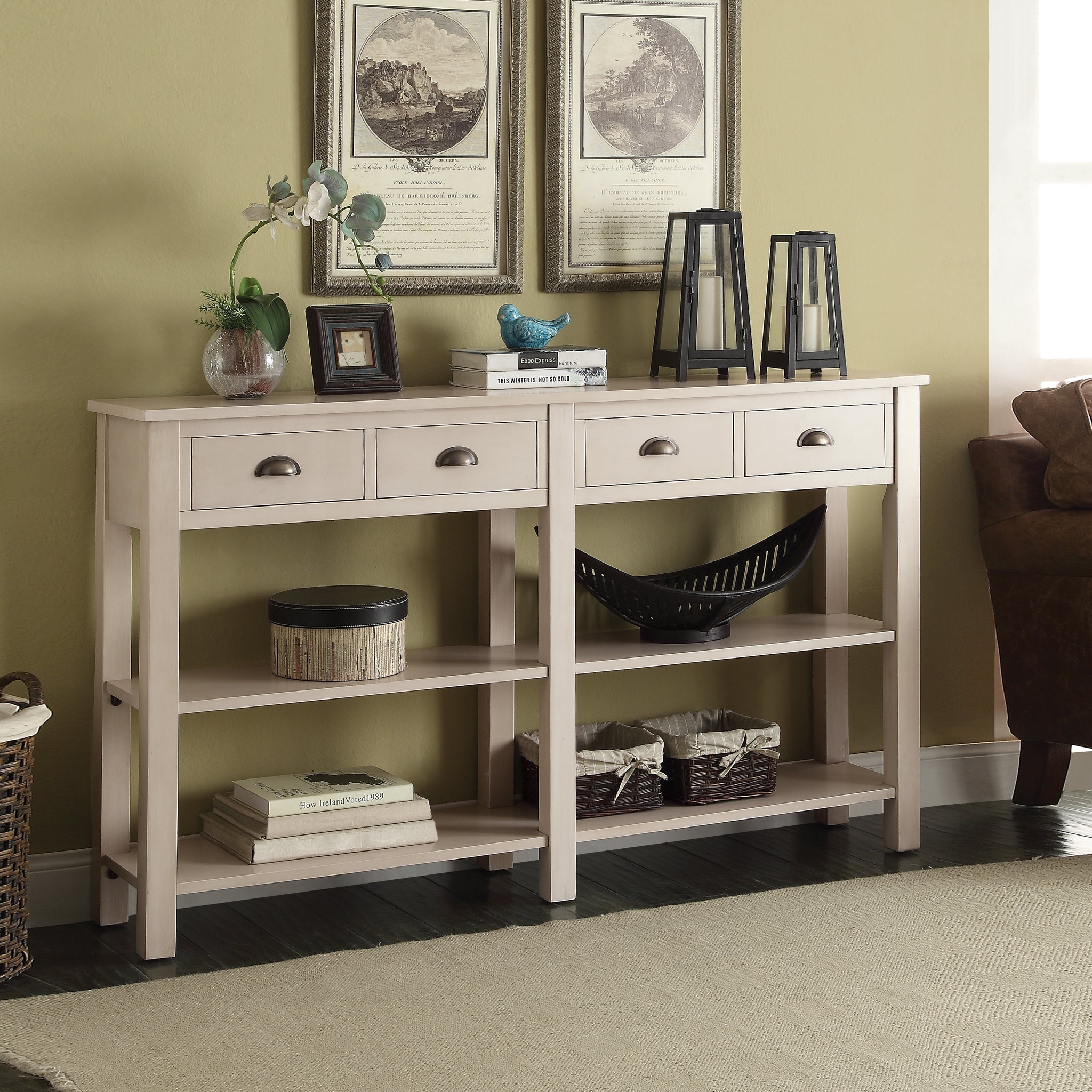 Cream 4 Drawer Console Table With 2 Shelf Cream Primary Living Space Transitional Drawers Rectangular Mdf