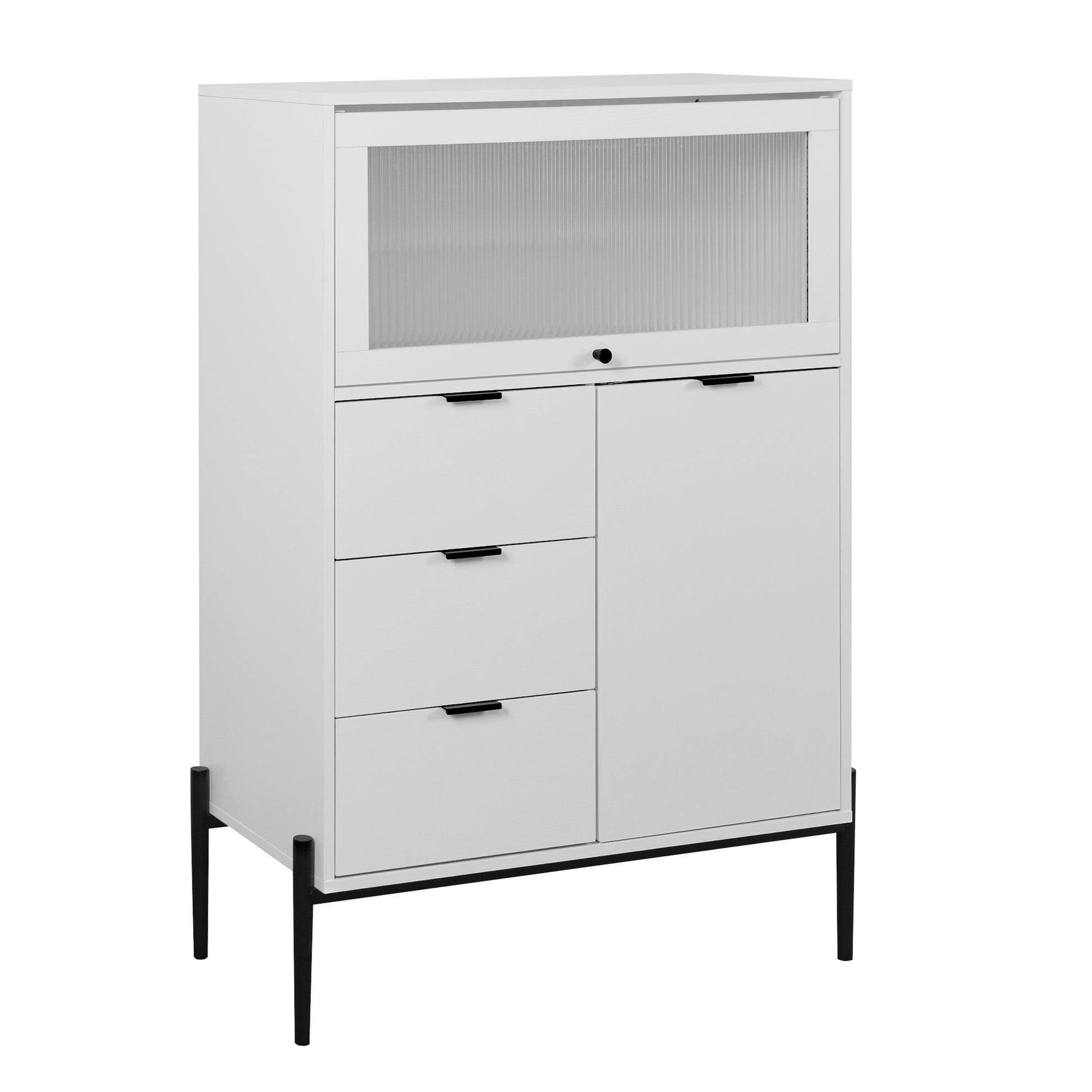 Sideboard With 3 Drawers ,1 Door And 1 Glass Door Wood Cabinet With Storage For Kitchen, Dining Room, Hallway 33.46" X 15.74" X 47.2" 5 Or More Spaces White White Glass Doors Modern Particle Board