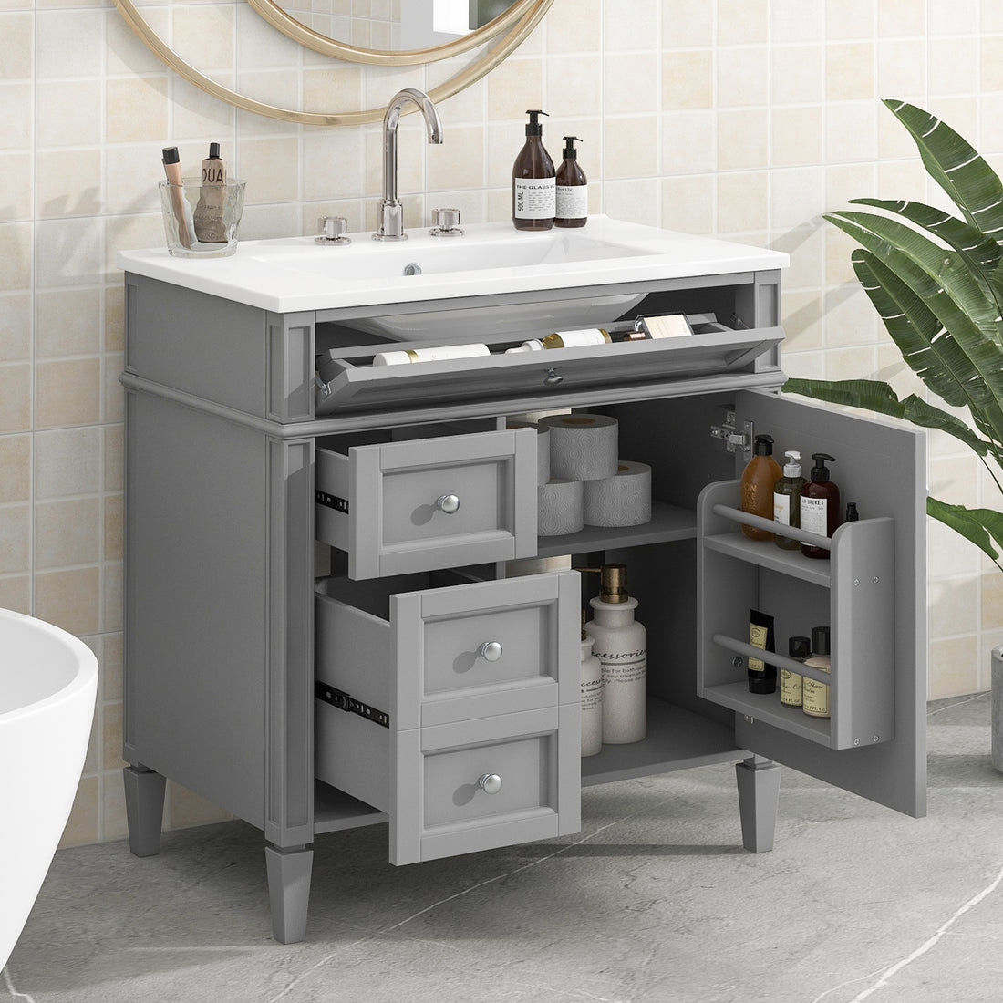 30'' Bathroom Vanity With Top Sink, Modern Bathroom Storage Cabinet With 2 Drawers And A Tip Out Drawer, Single Sink Bathroom Vanity Grey Modern Mdf Ceramic,Solid Wood Mdf