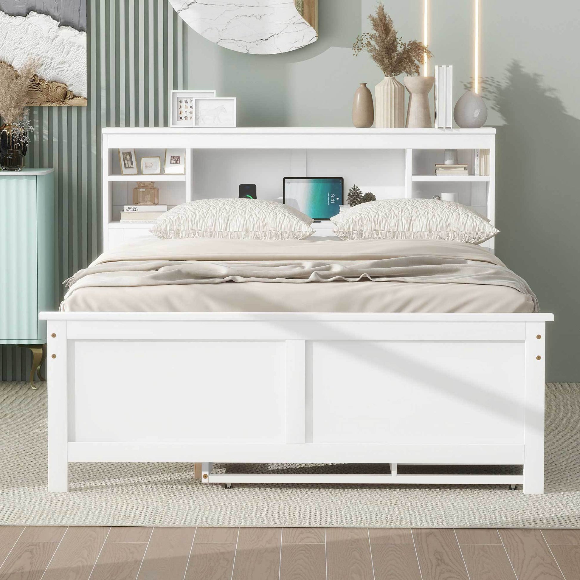 Full Size Platform Bed With Storage Headboard, Usb, Twin Size Trundle And 3 Drawers, White Box Spring Not Required Full White Wood Bedroom Bed Frame Solid Wood Mdf
