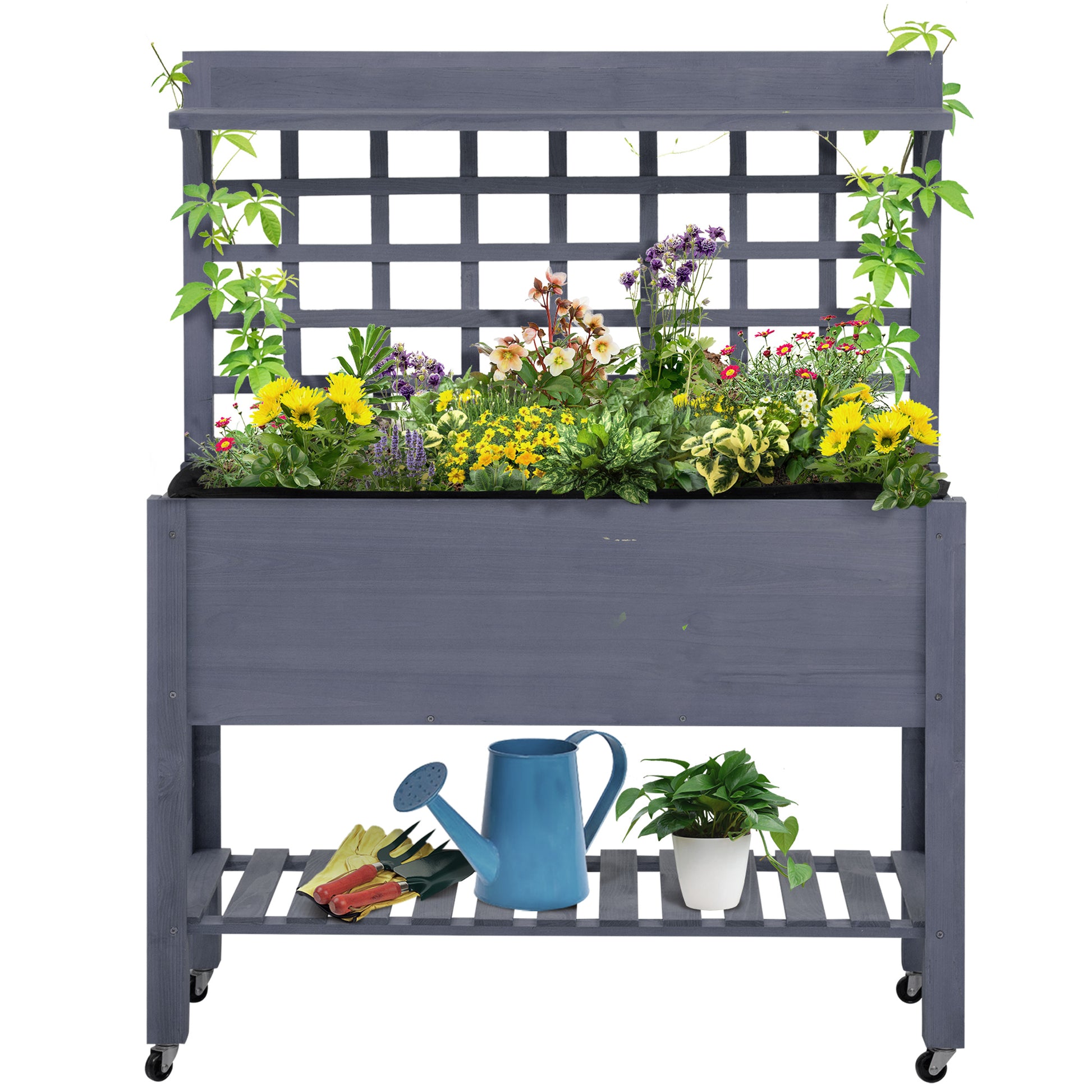 Outsunny 41" Raised Garden Bed With Trellis On Wheels, Wooden Elevated Planter Box With Legs And Bed Liner, For Flowers, Herbs & Vegetables, Gray Gray Wood