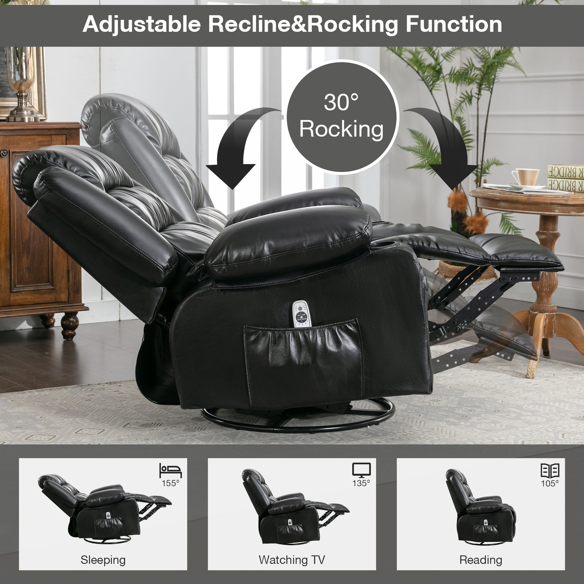 Massage Swivel Rocker Recliner Chair With Vibration Massage And Heat Ergonomic Lounge Chair For Living Room With Rocking Function And Side Pocket 2 Cup Holders Usb Charge Port Black Faux Leather Manual Handle Metal Soft Heavy Duty Push Button Foam Pu