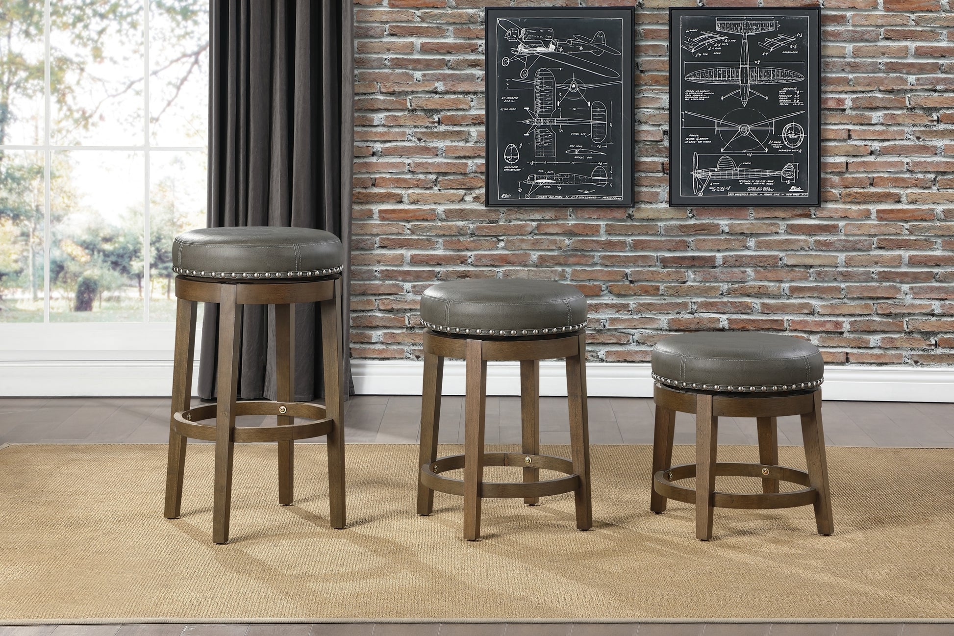 Round Swivel Bar Stools Set Of 2, Gray Faux Leather 360 Degree Swivel Seat Trim Solid Wood Frame Brown Finish Furniture Brown Gray Dining Room Round Solid Wood