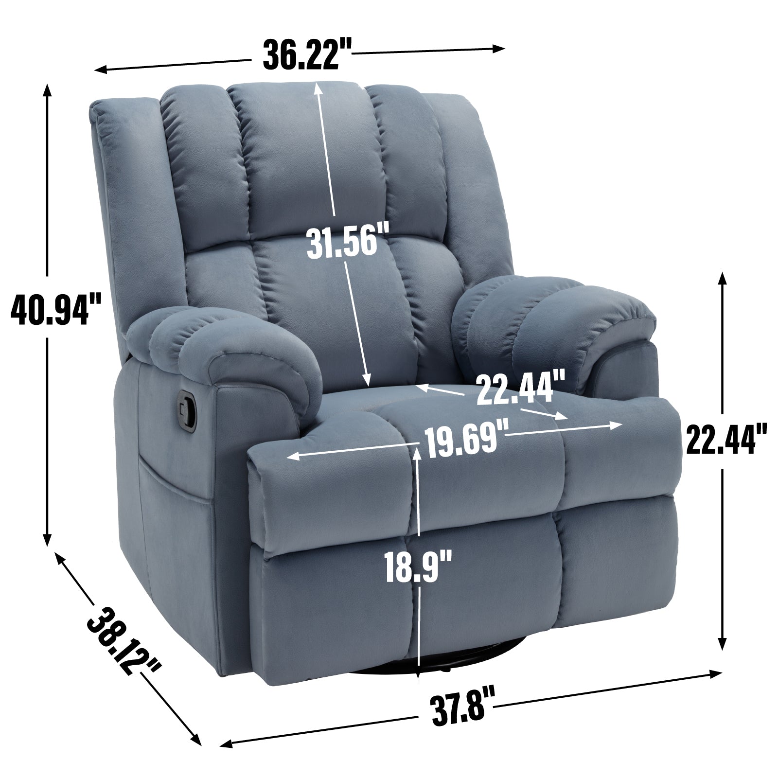 Manual Recliner Chair With Rocker And Swivel In Fabric For Living Room, Blue Blue Polyester Manual Handle Metal Primary Living Space Medium Firm Cushion Back Heavy Duty American Design Pine Pillow Top Arms Fiber Foam And Polyester Fiber Pad Fabric