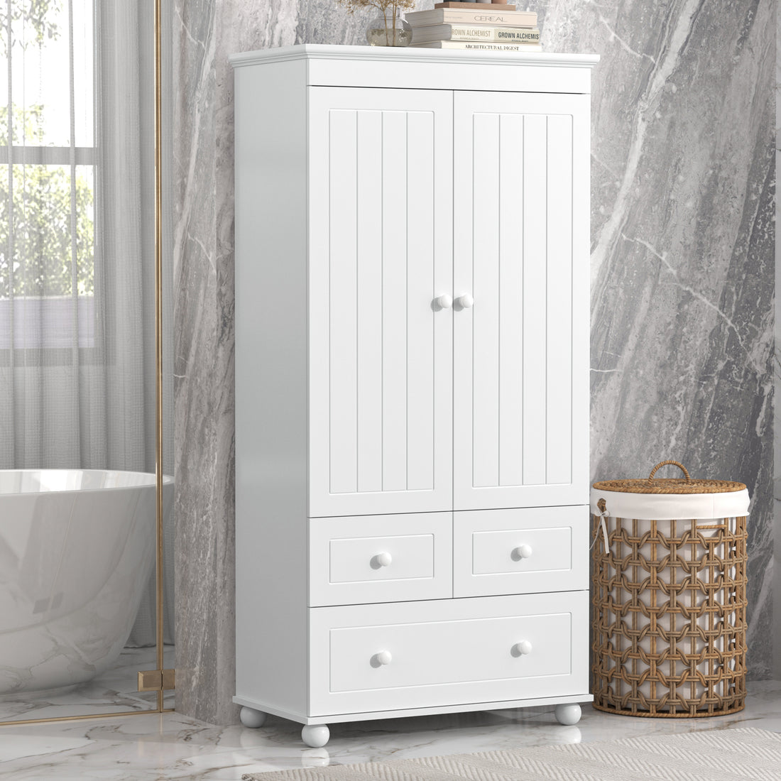 Tall Storage Cabinet With Three Drawers For Bathroom Office, White White Mdf