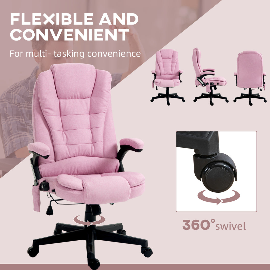 Homcom 6 Point Vibrating Massage Office Chair With Heat, Linen High Back Executive Office Chair With Reclining Backrest, Padded Armrests And Remote, Pink Pink Polyester