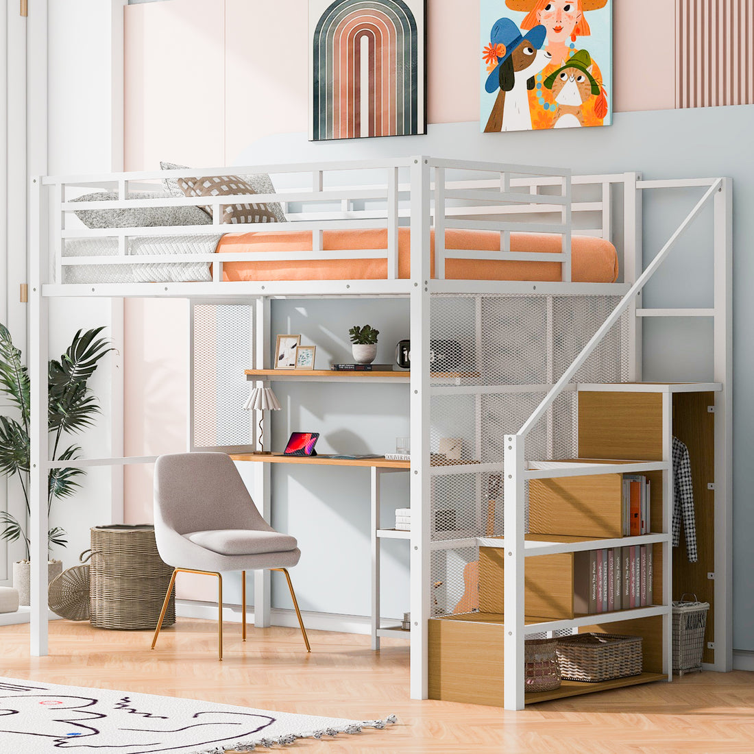 Full Size Metal Loft Bed With Wardrobe, Desk, Storage Shelves, White Expected Arrival Time: 10.3 Box Spring Not Required Full White Metal Mdf Metal