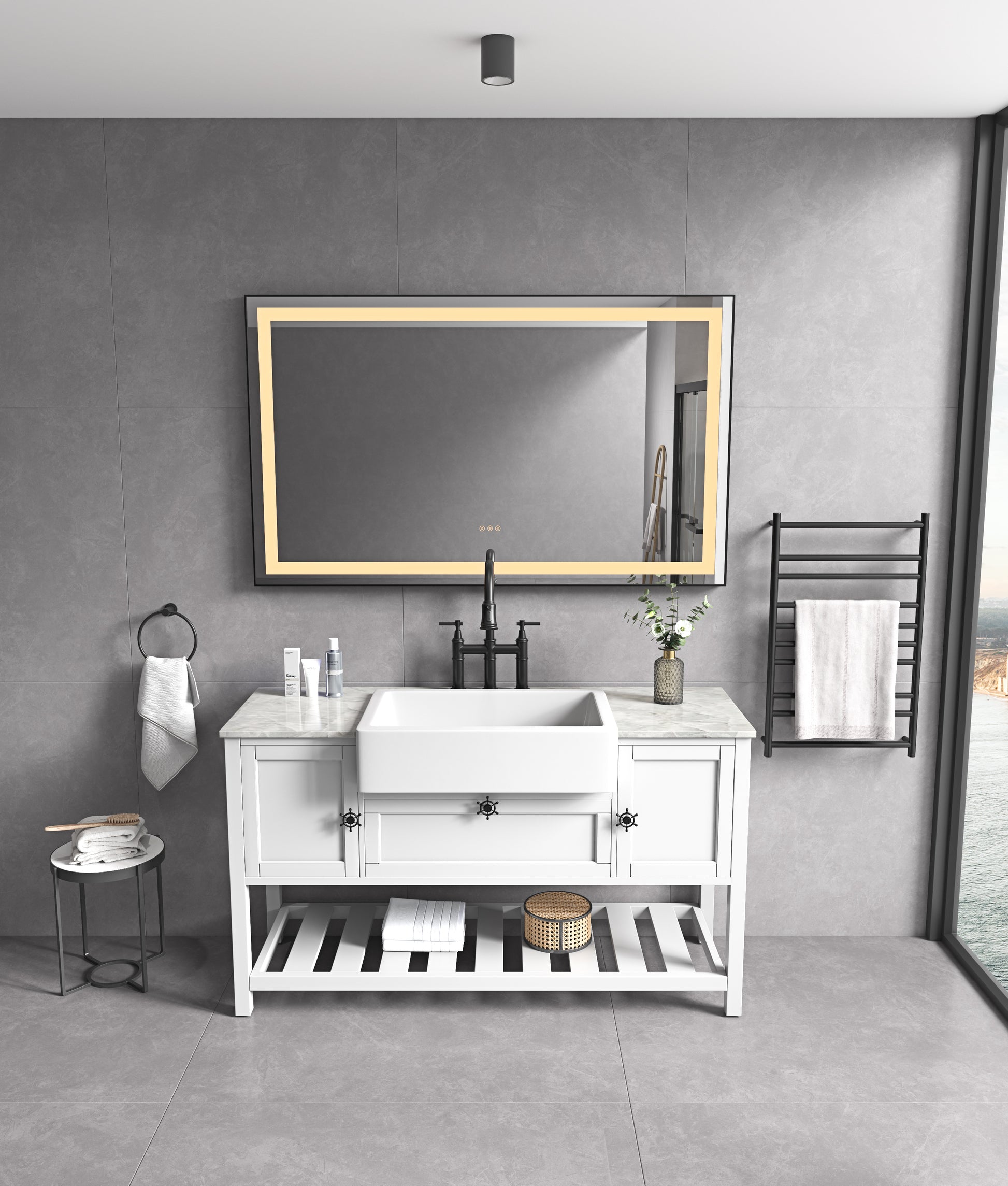 72 X 48 Inch Led Bathroom Mirror With Aluminum Frame, Wall Mounted Vanity Mirror, Anti Fog, Memory, 3 Colors, Stepless Dimmable Matte Black Aluminium,Glass
