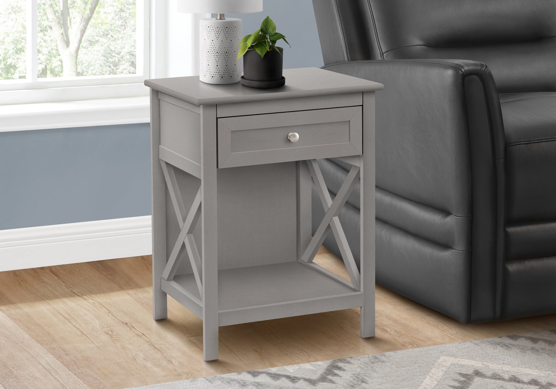 Accent Table, End, Side Table, 2 Tier, Bedroom, Nightstand, Lamp, Storage Drawer, Antique Grey Veneer, Transitional Grey Mdf