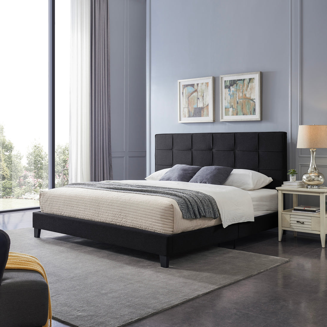 King Size Upholstered Platform Bed Frame With Contemporary Tufted Waffle Stitching, Easy Assembly, Black King Black Fabric