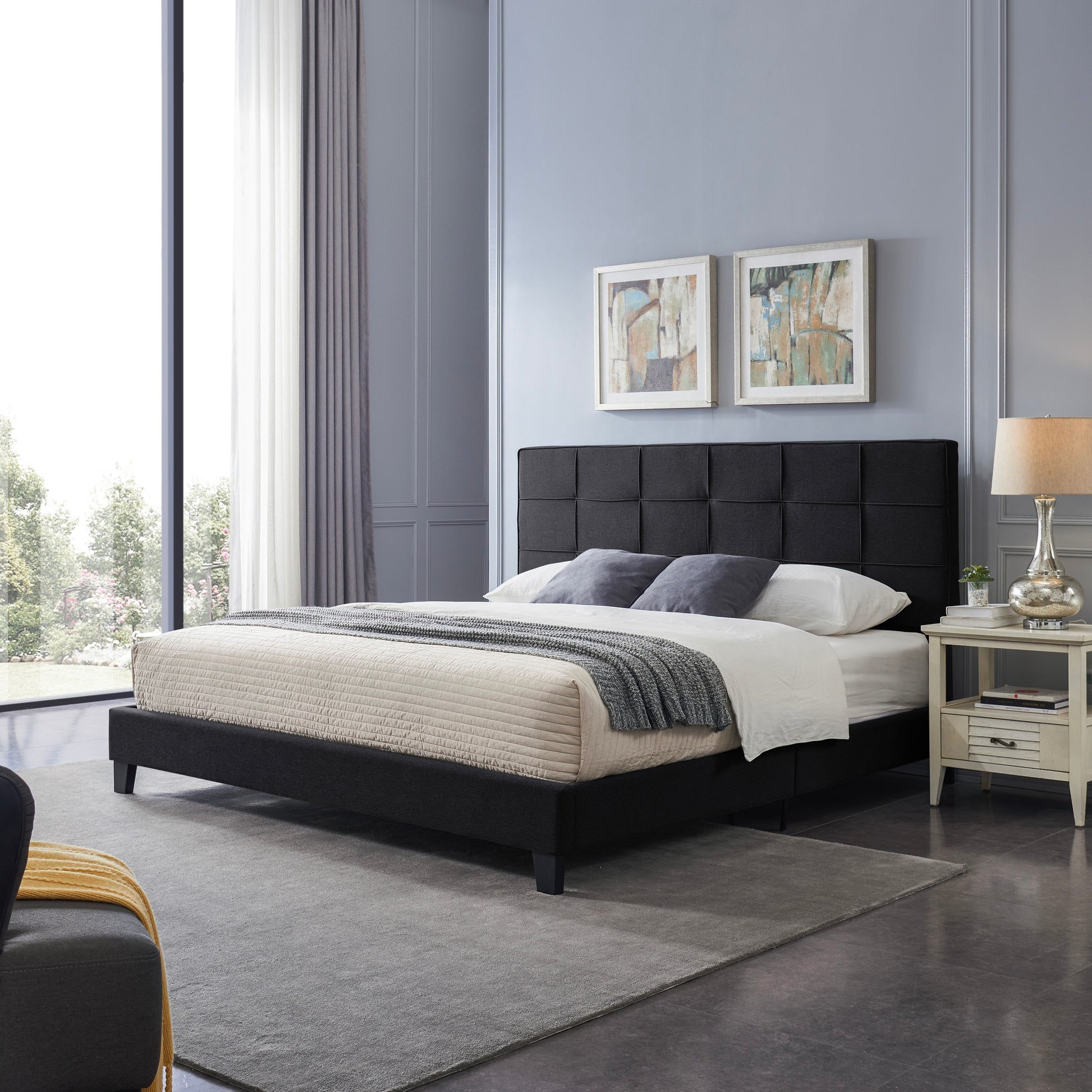 King Size Upholstered Platform Bed Frame With Contemporary Tufted Waffle Stitching, Easy Assembly, Black King Black Fabric