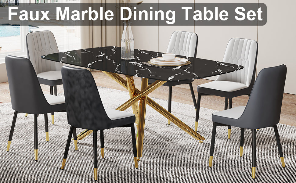 Large Modern Minimalist Rectangular Dining Table With 0.39 "Imitation Marble Black Tabletop And Golden Metal Legs, Paired With Chairs With Pu Cushions And Black Metal Legs. F 1537 C 007 Black Gold Glass Metal