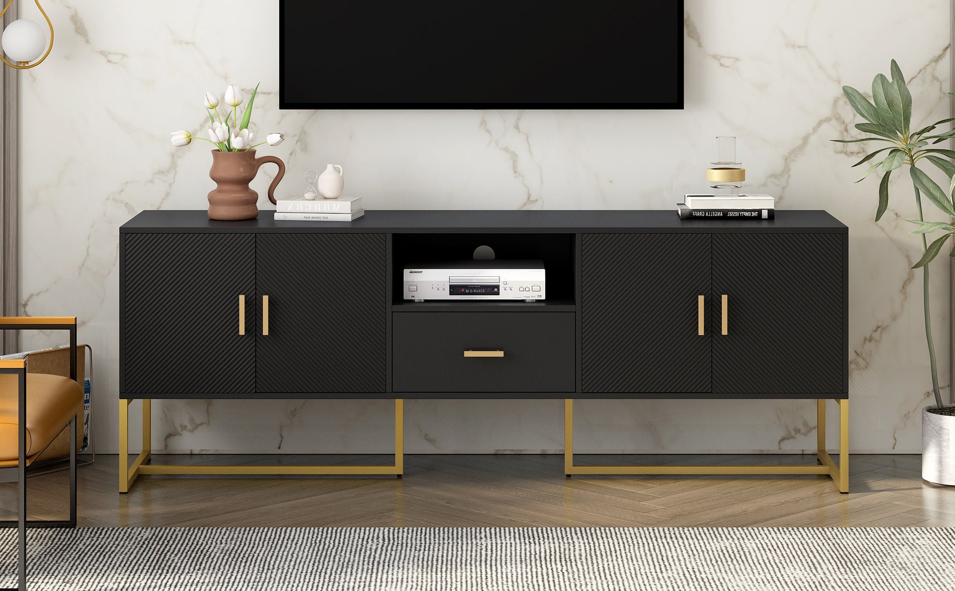 Modern Tv Stand For Tv Up To 70 Inches,Tv Cabinet With 1 Drawer, 2 Cabinets And Metal Legs, Handles And Anti Tip Device For Living Room Black 70 79 Inches Mdf