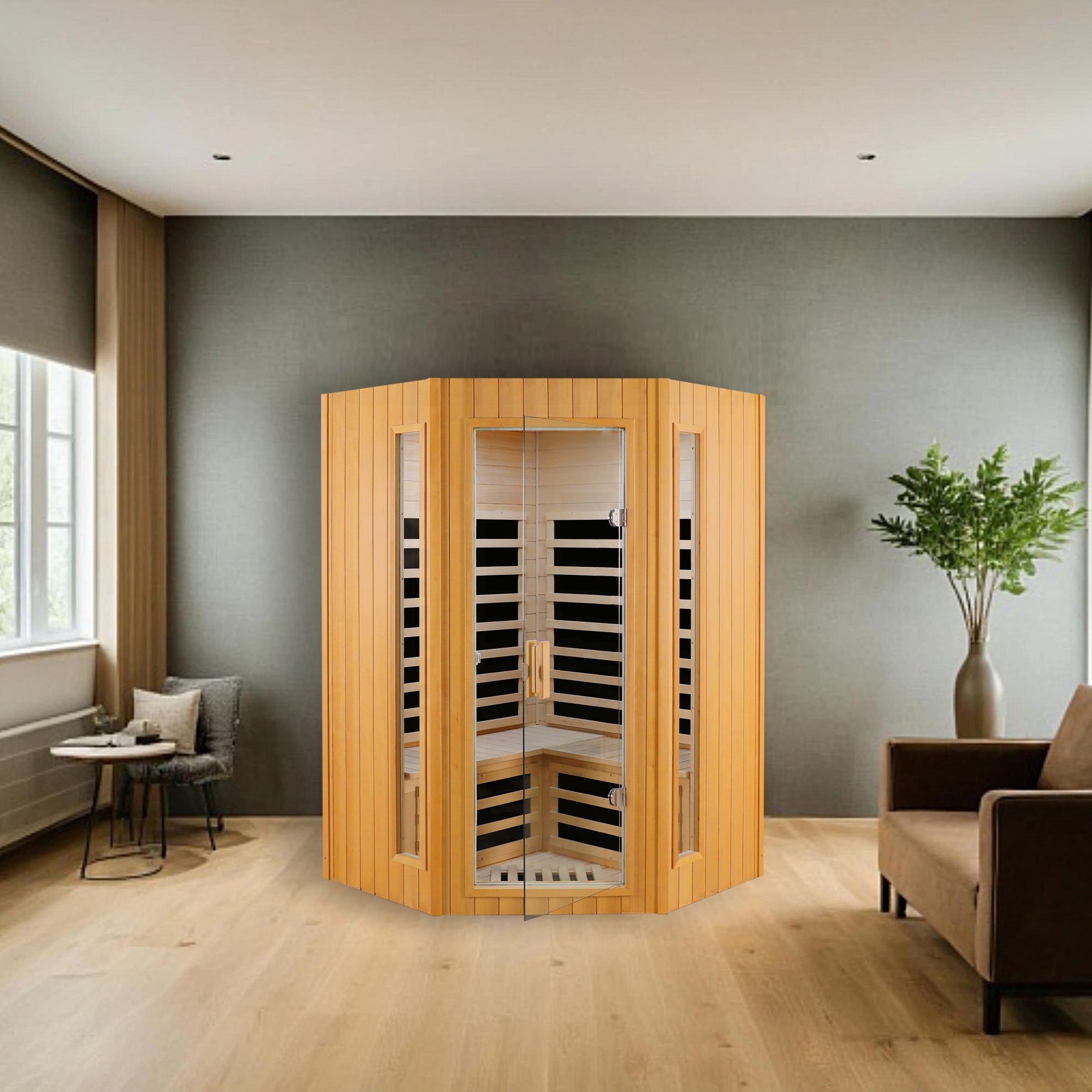 Two Person Hemlock Indoor Far Infrared Sauna Room Natural Wood Metal & Wood