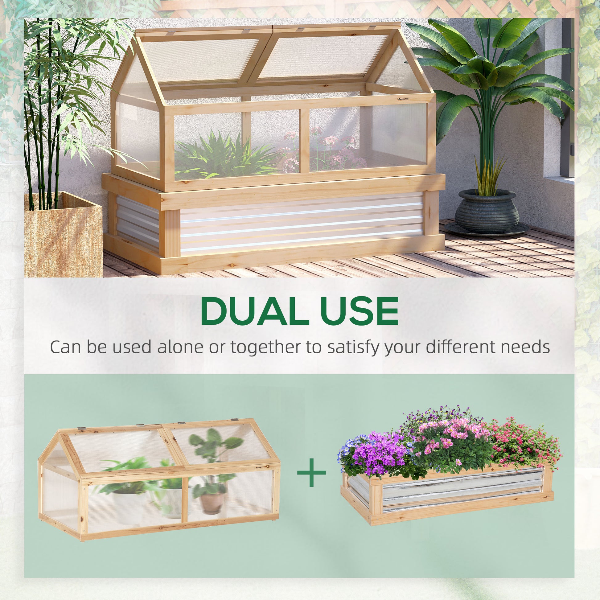 Outsunny Raised Garden Bed With Polycarbonate Greenhouse, Wooden Garden Cold Frame Greenhouse, Flower Planter Protection, 48" X 24" X 32", Natural Natural Wood Wood