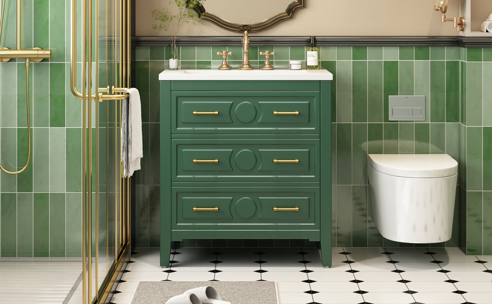 30'' Bathroom Vanity With Resin Sink Combo, Free Standing Single Vanity Set With 3 Drawers, Solid Wood Frame Bathroom Storage Cabinet, Green 3 Green Bathroom Freestanding Solid Wood Mdf Resin Painted