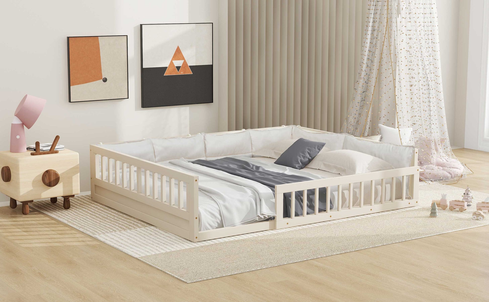 Wood Full Size Upholstered Platform Bed With Guardrail And Pillow, Beige Box Spring Not Required Full Beige Wood Bed Frame Solid Wood Mdf