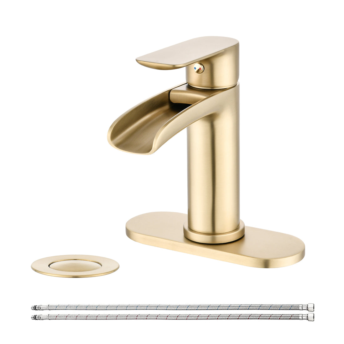 Waterfall Bathroom Faucet Single Handle Bathroom Sink Faucets 1 Or 3 Hole Solid Vanity Faucet With Deck Plate & Overflow Pop Up Drain Brushed Nickel One Brushed Gold Bathroom Gold Brass