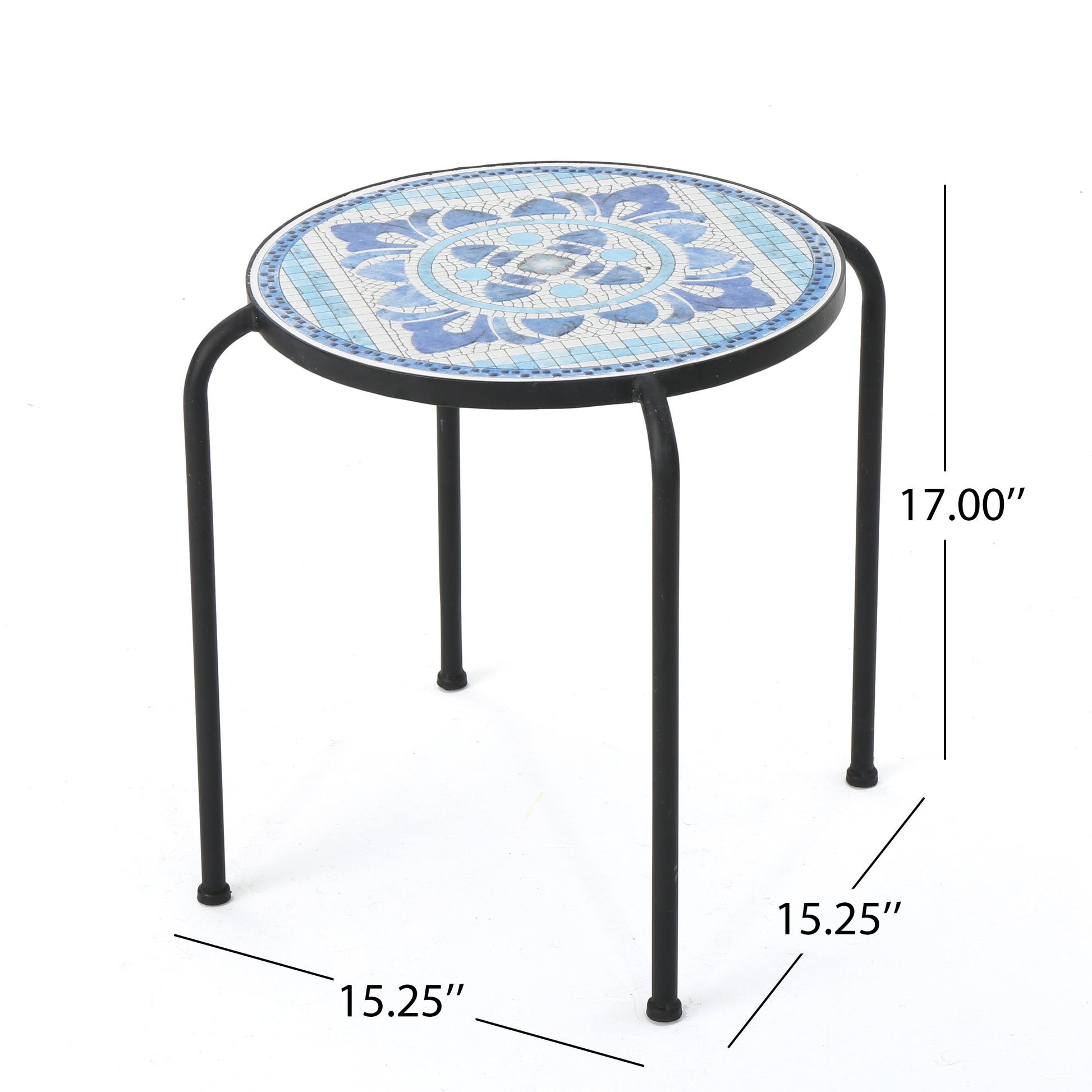 Skye End Table White Blue Ceramic Tile Iron