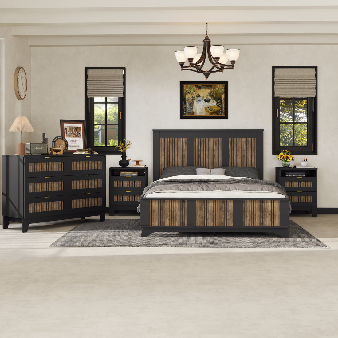 4 Pieces Bedroom Sets, Queen Size Farmhouse Platform Bed With Wooden Strip Decoration, Storage Nightstand And Dresser With Metal Handle, Black Queen Black 4 Piece Set Particle Board