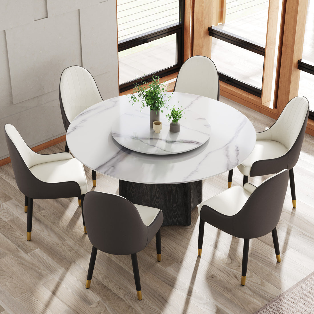 59.05" Round Marble Dining Table With Black Textured Solid Wood Base, Artificial Marble For 6 8 People, 31.5"White Artificial Stone Turntable,White Dining Table Only Black,White Dining Room Modern