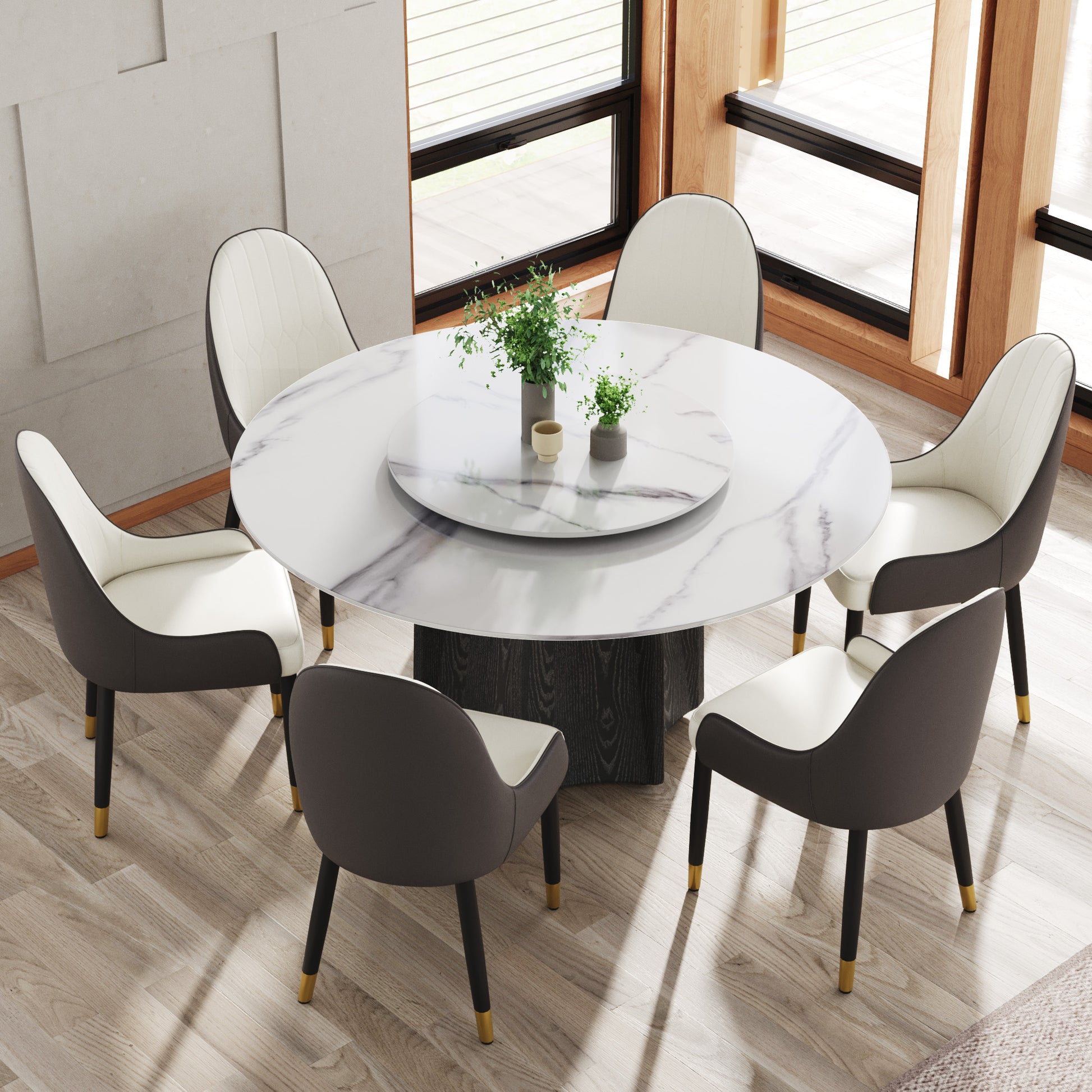 59.05" Round Marble Dining Table With Black Textured Solid Wood Base, Artificial Marble For 6 8 People, 31.5"White Artificial Stone Turntable,White Dining Table Only Black,White Dining Room Modern