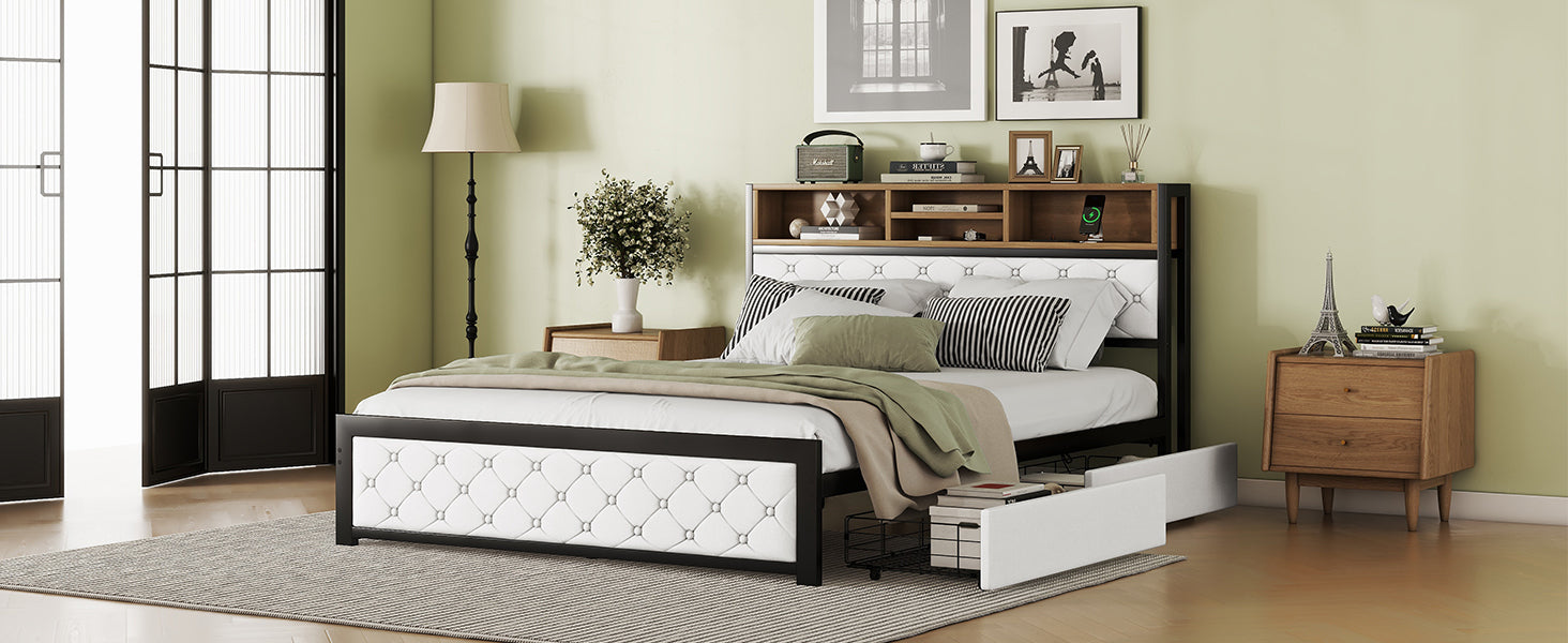 Metal Queen Size Platform Bed With 4 Drawers, Upholstered Headboard And Footboard, Sockets And Usb Ports, White Queen White Black Fabric Metal