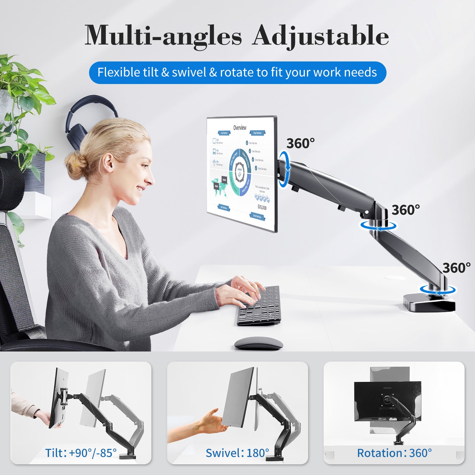 The Monitor Arm Is Adjustable For Desktop Mount And Fits 15 27 Inch Monitors With Weight Capacities Up To 15.4 Pounds, Black Black Iron