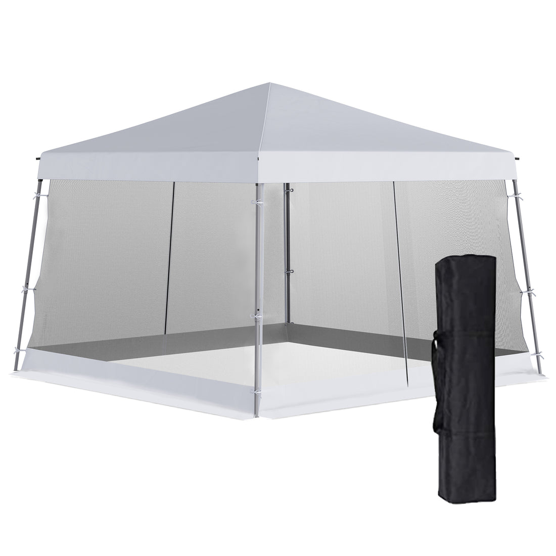 Outsunny Slant Leg Pop Up Canopy Tent With Netting And Carry Bag, Instant Sun Shelter, Tents For Parties, Height Adjustable, For Outdoor, Garden, Patio, 11.5'X11.5' Base 10'X10' Top , White White Steel