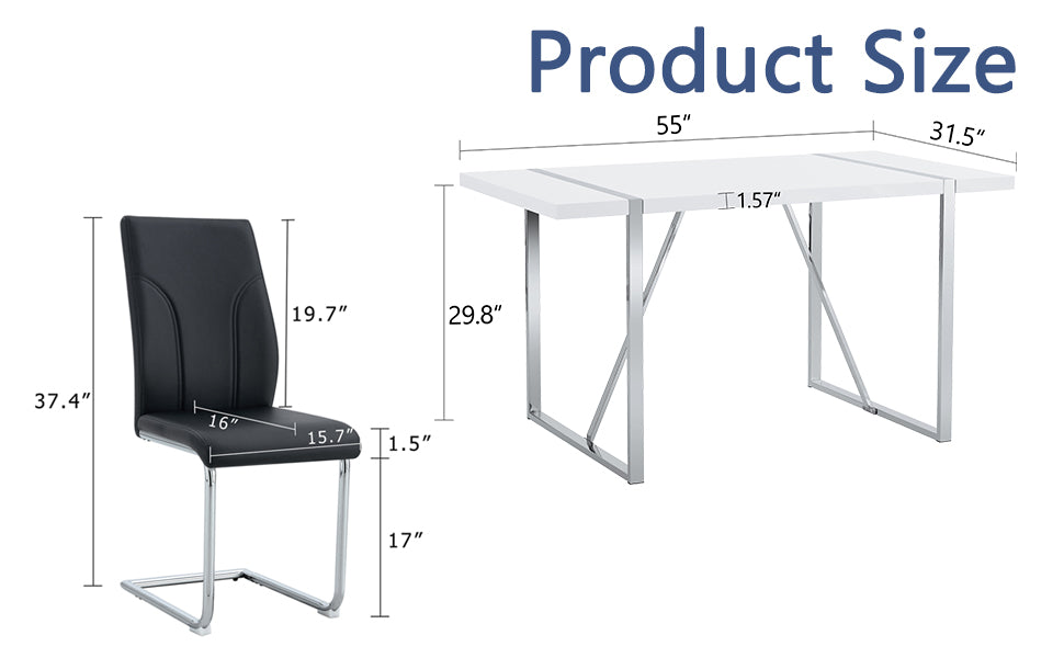 Table And Chair Set.55"X31.5" White Mdf Painting Dining Table Set With 6 Black Pu Chairs.Showcasing A Modern And Stylish Look.Suitable For Dining Room.Mdf Painting,Iron Pipe Plating,Pu Chiairs.