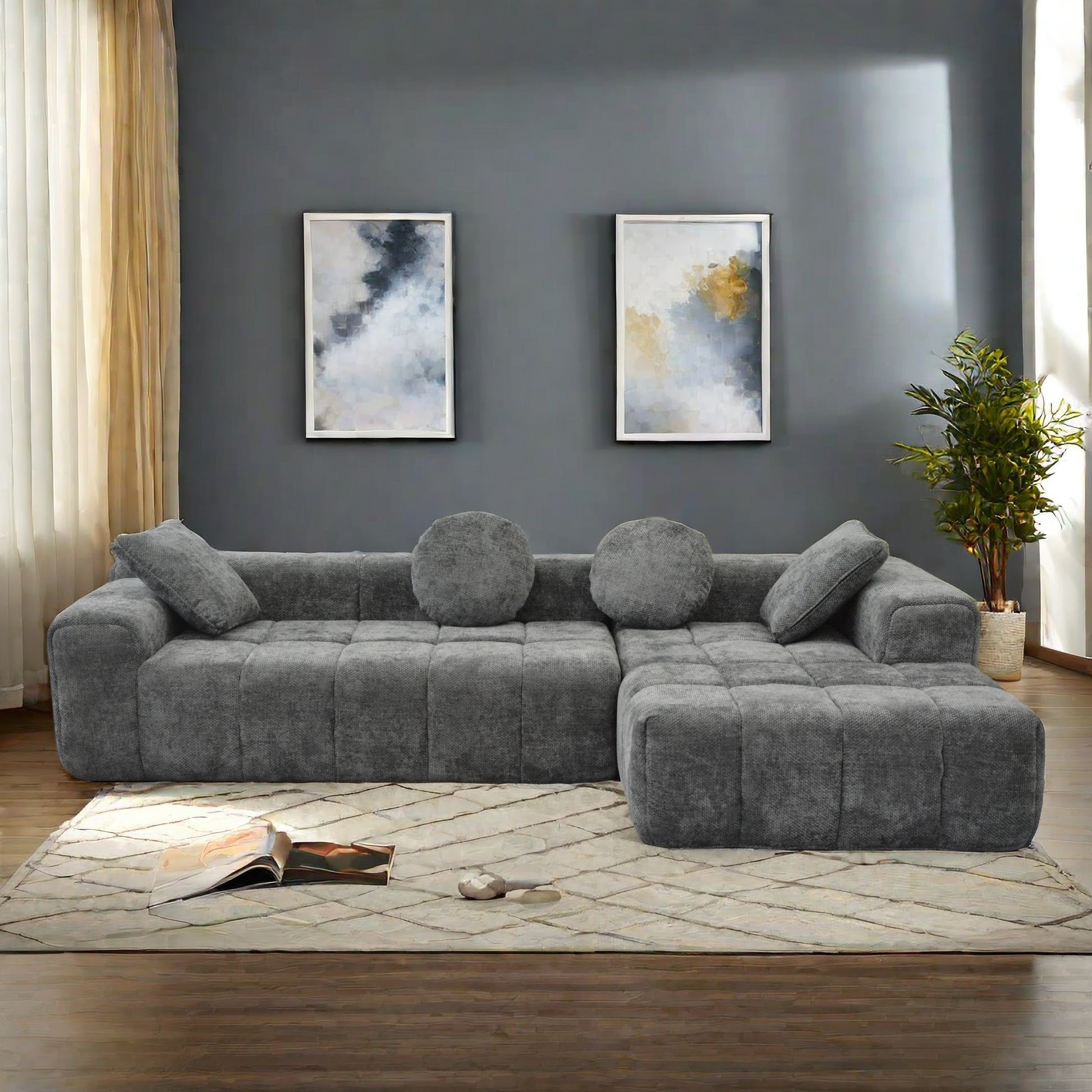 L Shaped Modular Modern Compressed Gray Sofa,Comfy Corduroy Fluffy Couch With Deep Seat,No Assembly Required Couch For Living Room Gray Linen Wood Primary Living Space Soft Cushion Back Extra Heavy