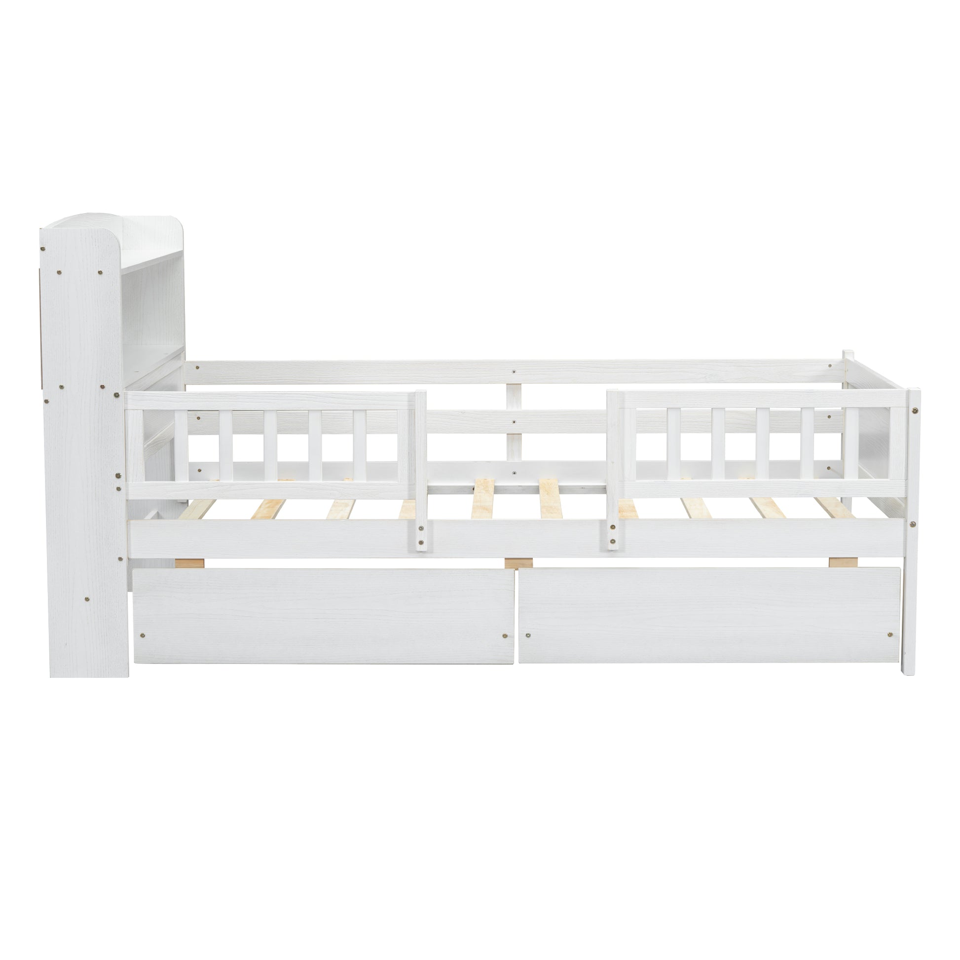 Wood Twin Size Platform Bed With Built In Led Light, Multi Functional Headboard, Guardrail And 2 Drawers, White Expected Arrival Time: 3.15 Box Spring Not Required Twin White Wood Bedroom Bed Frame