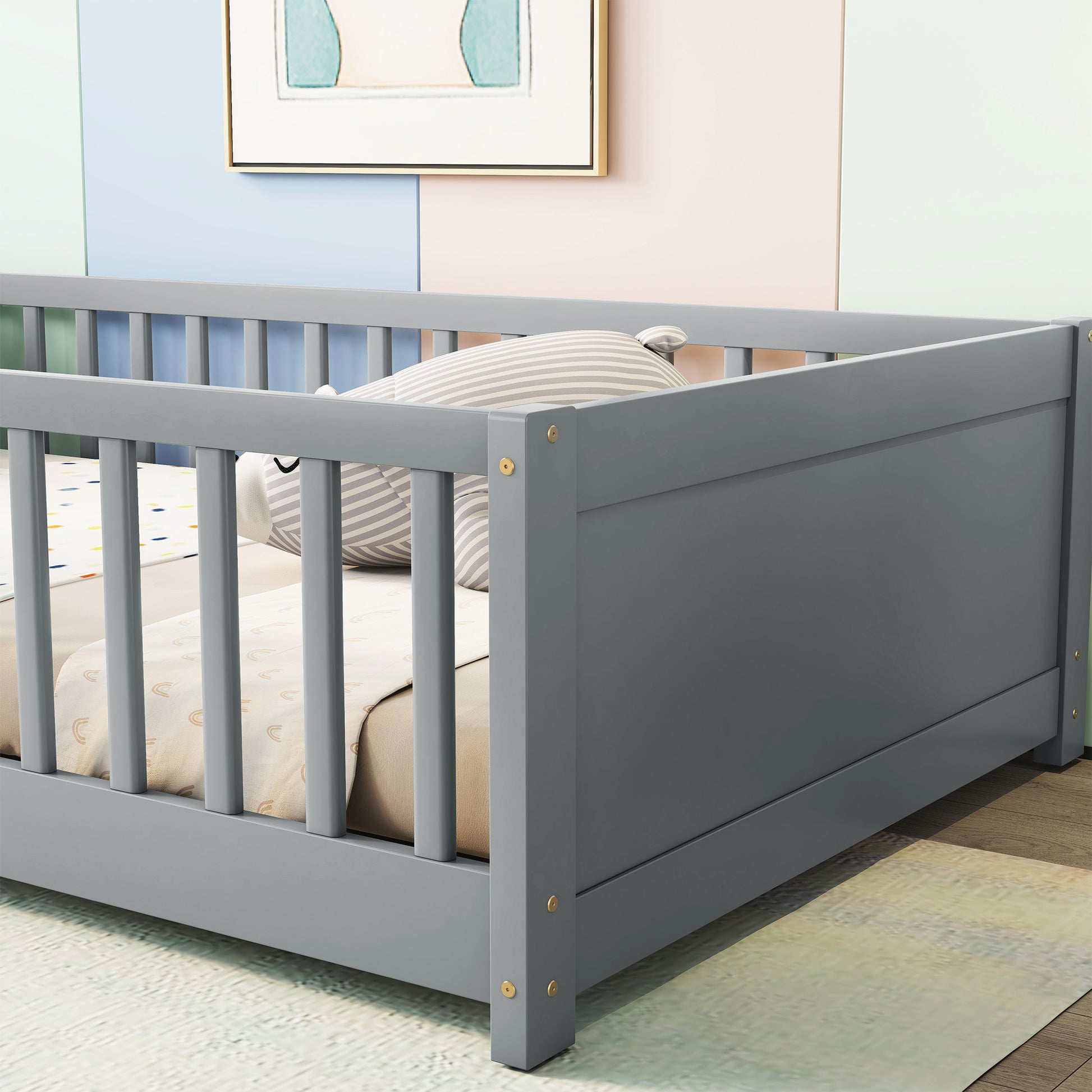 Twin Size Floor Platform Bed With Built In Book Storage Rack, Door,Grey Twin Grey American Design Pine