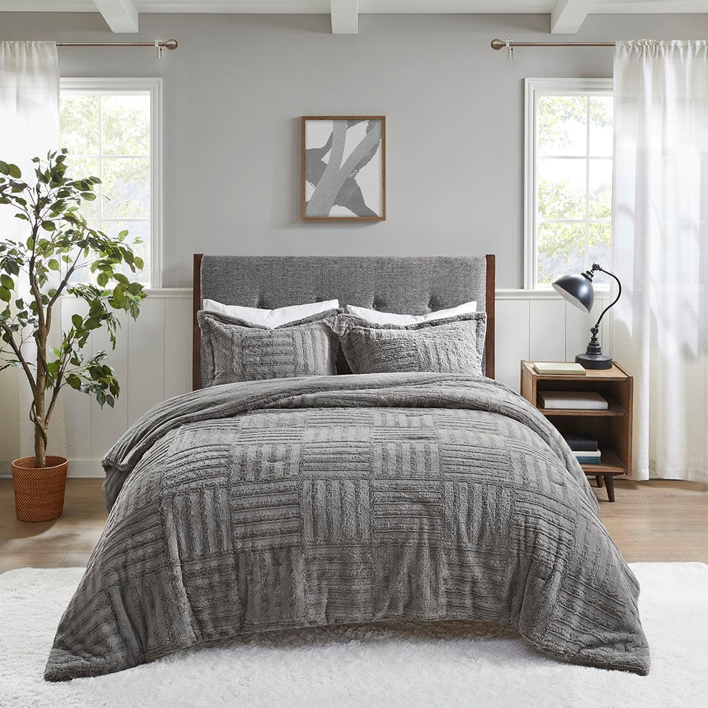 Fur Down Alternative Comforter Mini Set King Grey Faux Fur