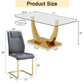 Table And Chair Set.Modern Rectangular Dining Table With Transparent Tempered Glass Tabletop And Gold Plated Metal Legs.Paried With 8 Comfortable Chairs With Pu Seats And Golden Metal Legs. Grey Gold,Transparent Seats 8 Glass Metal
