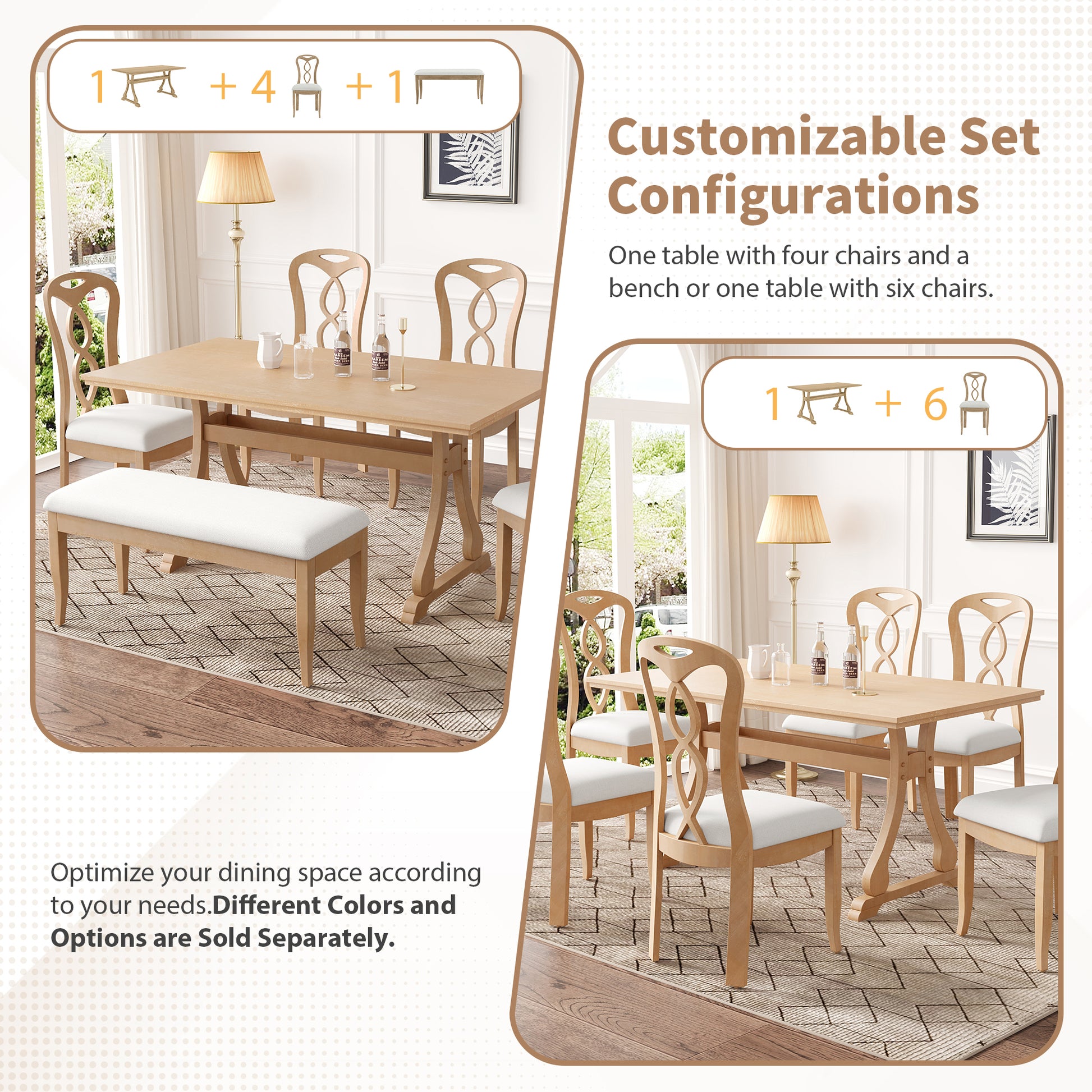Retro 6 Piece Trestle Dining Table Set With Upholstered Dining Chairs And Dining Bench, Smooth Dining Backs For Dining Room, Living Room, Kitchen, Natural Upholstered Chair Wood Natural Beige Seats 6 Wood Dining Room Solid Wood Rubberwood Trestle