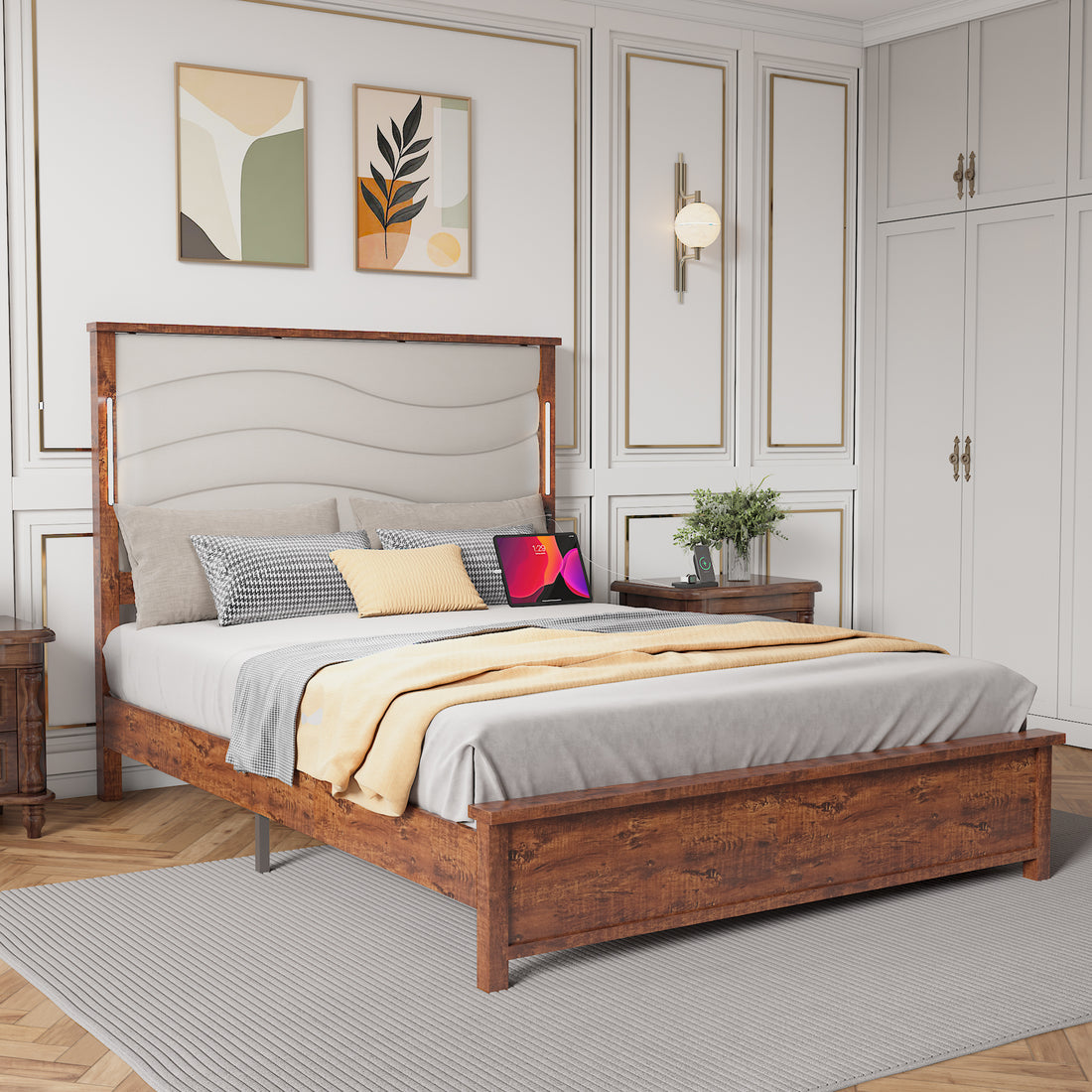 Queen Size Bed Frame With Upholstered Headboard, Queen Bed Frame With Charging Station And Led Lights, Wood Slats, Beige Linen, No Box Spring Needed, Easy Assembly Box Spring Not Required Queen Beige Wood Bedroom Bed Frame Linen Mdf Metal