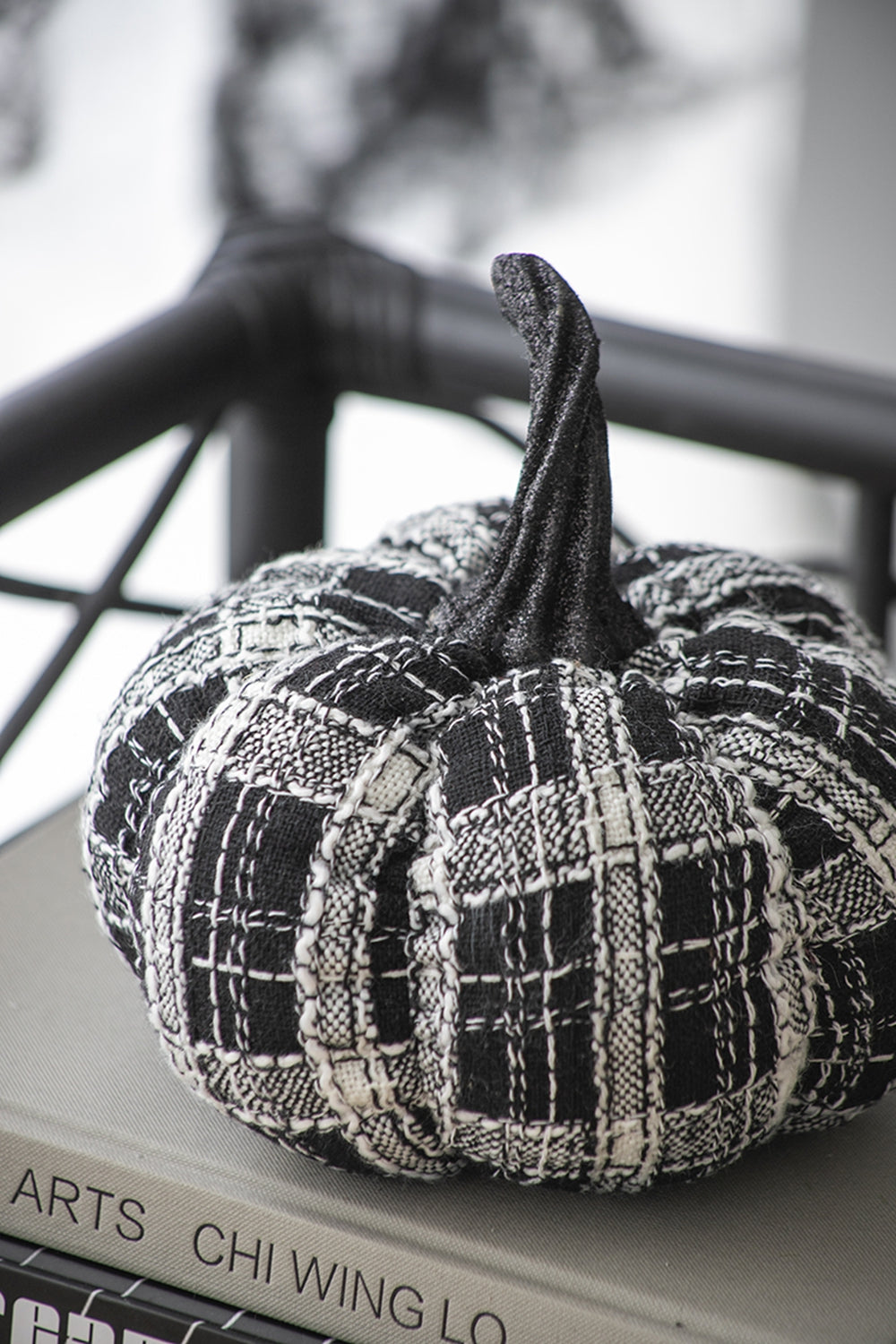 7X7X7" Fabric Light Black White Plaid Pumpkin, For Holiday Halloween Decor Black,White Polyester