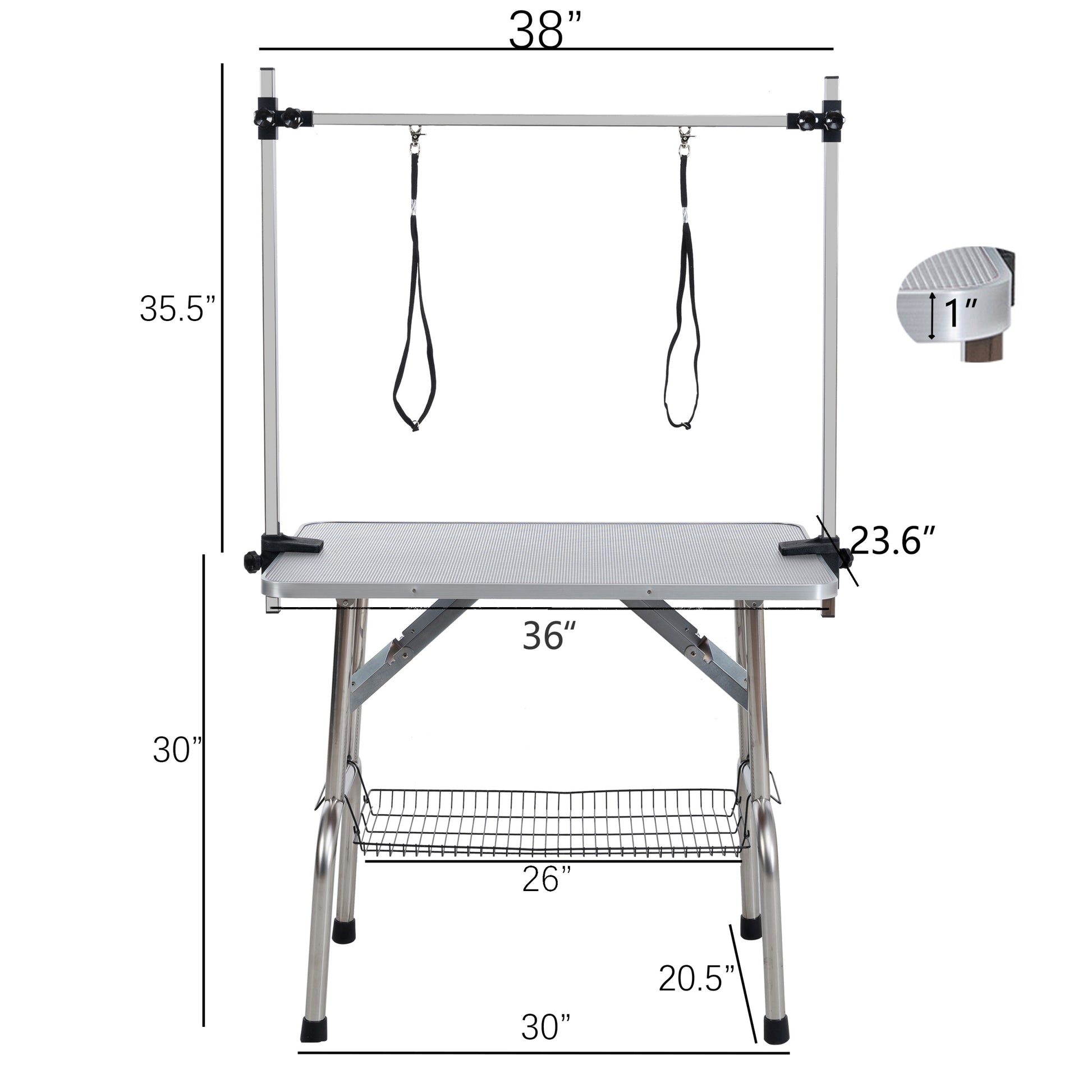 36" Folding Dog Pet Grooming Table Stainless Steel Frame Rubber Mat On Board With Adjustable Arm And Clamps Pet Dog Cat Grooming Table Silver Gray Color Silver Grey Rubber Stainless Steel