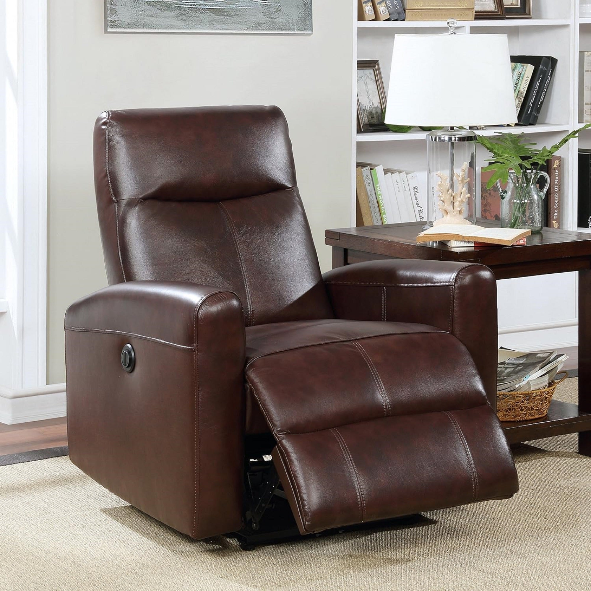 Modern Electric Leather Recliner Chair With Gentle Lower Lumbar Massager For Living Room Home Theater Bedroom Brown 1Pc Brown Wood Primary Living Space Contemporary,Modern Leather